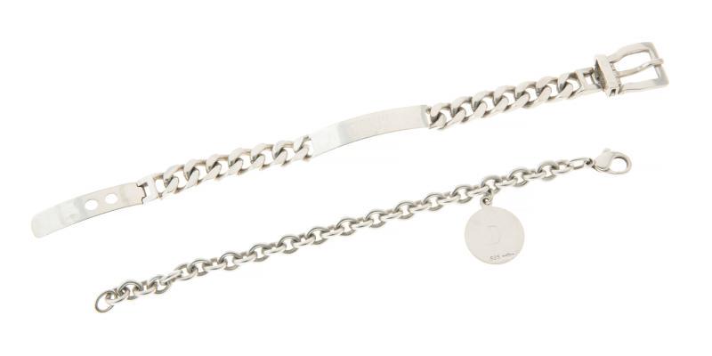 DORIS DAY STERLING SILVER LINK BRACELETS: Request condition report! A set of two; the first an ID-style, engraved on front “Doris,” on back “Love, Meg & Syd,” belt buckle-style clasp, marked in part “925;” the second with a round