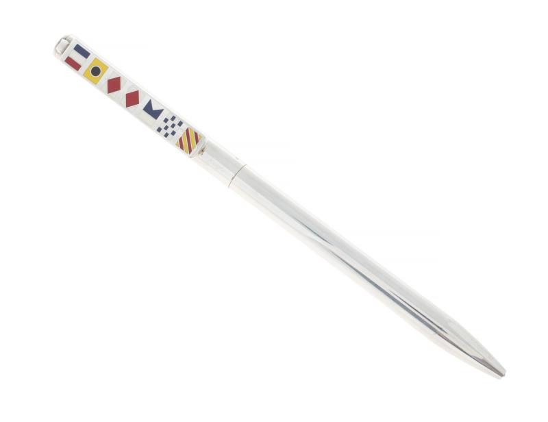 DORIS DAY TIFFANY & CO. STERLING SILVER BALLPOINT PEN: Request condition report! An elegant design, clip displays colorful enamel inlays of nautical flags (which spell out ‘Tiffany’ in maritime signals), marked “Tiffany & Co. 925;” included with i