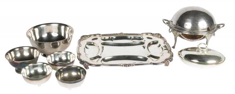 DORIS DAY ASSORTED SILVER PLATED SERVEWARE: Request condition report! A group eight pieces; (1) a large footed tray, (2) a rounded warming tray, (3) a small lidded dish, (4) large bowl, (5-8) four small bowls. Various makers. Largest, 16 by 13
