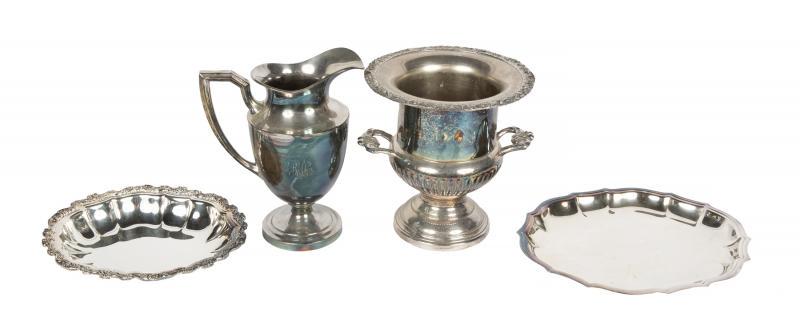 DORIS DAY SILVER PLATED SERVEWARE: Request condition report! A group of four items including a wine cooler, a water pitcher, an oval International Silver tray in the Chippendale pattern, and an oval International Silver bowl in the Cou