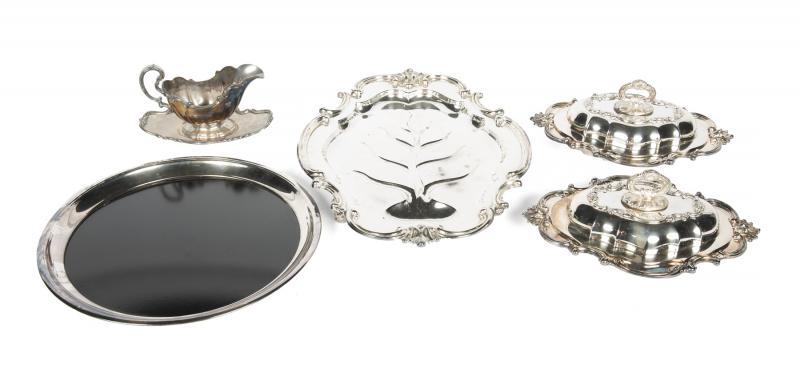 DORIS DAY REED & BARTON SILVER PLATED TABLEWARE: Request condition report! A group of five Reed & Barton serveware items including: two covered vegetable dishes in the Victorian pattern, a meat carving platter, a small tray, and a sauceboat. Largest