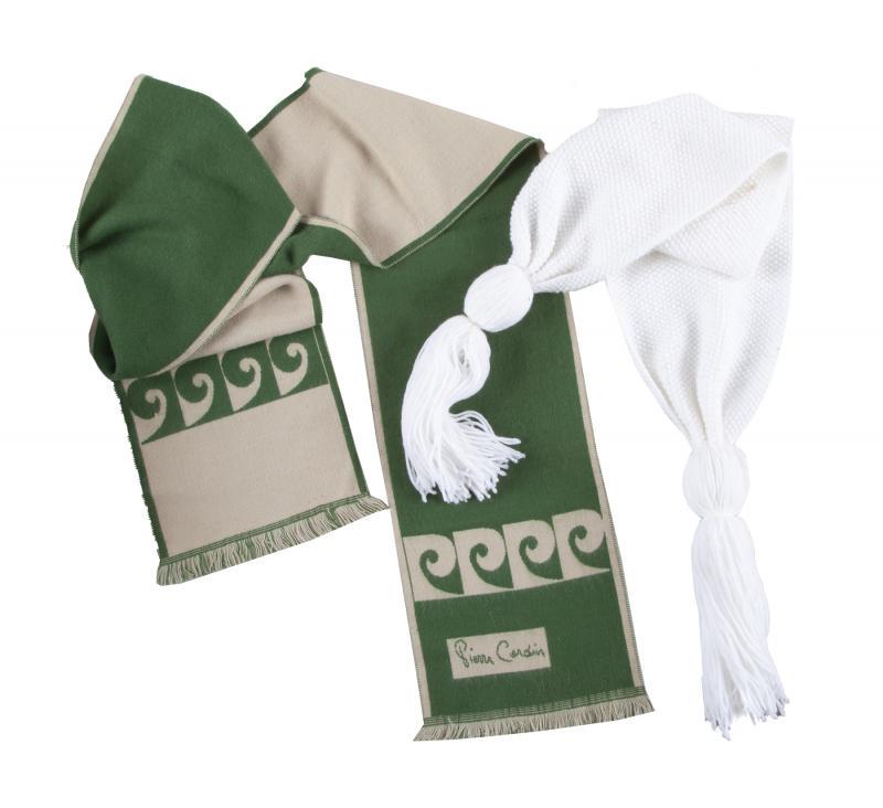 DORIS DAY WINTER SCARVES: Request condition report! A set of two; both 1970s-era pieces; the first tan and green cashmere by Pierre Cardin; the second white knit cotton with large yarn balls on either end. 86 by 9 inches and s