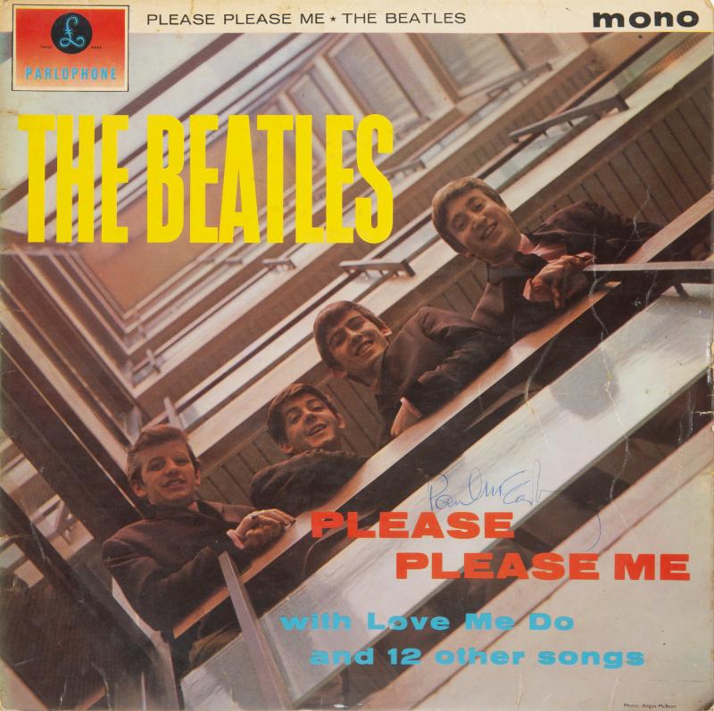 PAUL McCARTNEY SIGNED PLEASE PLEASE ME ALBUM: Request condition report! A UK Mono pressing of The Beatles’ 1963 album Please Please Me signed on the front cover by Paul McCartney in blue ballpoint pen. The autograph was obtained at the Hotel Mo