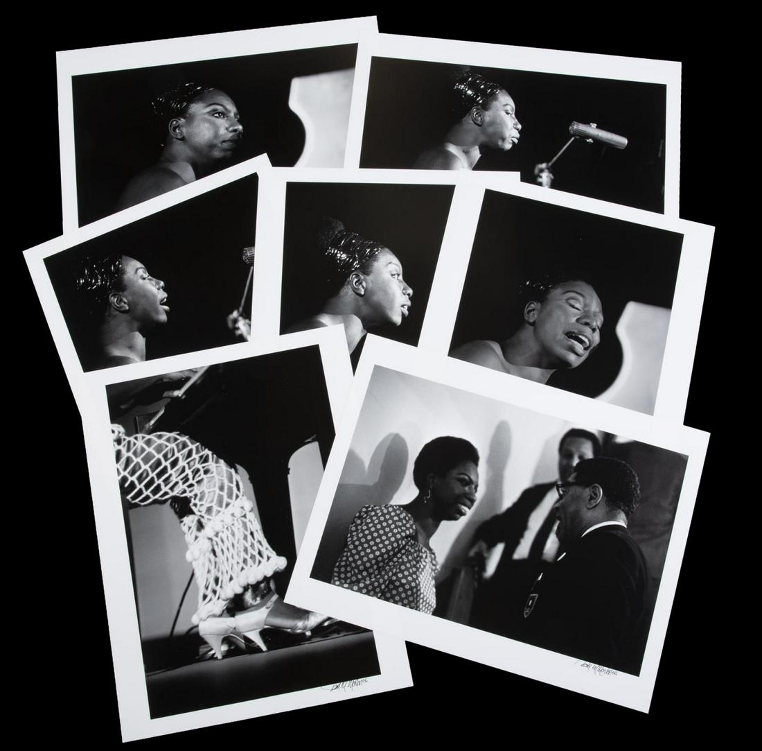NINA SIMONE UNPUBLISHED PHOTOGRAPHIC PRINTS SIGNED BY: A group of seven large-format black and white photographic prints printed from the original negative, taken by photographer Thomas Morton of Nina Simone performing at the Kiel Opera House in St. Louis