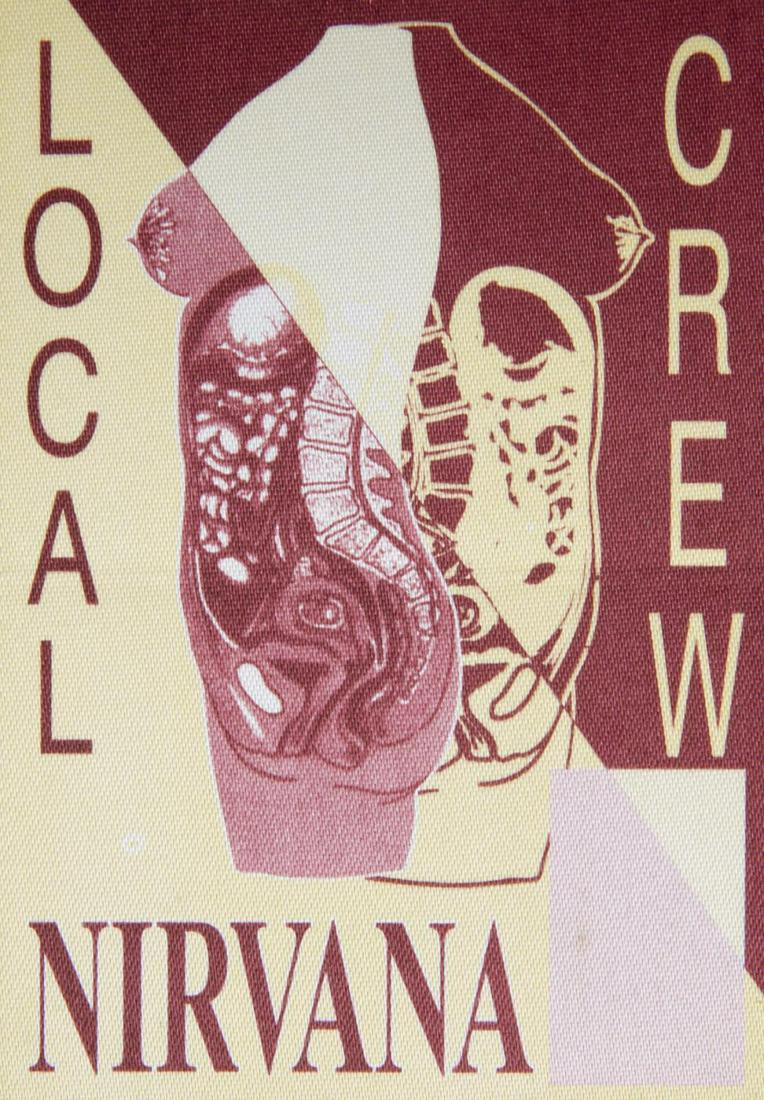 NIRVANA LOCAL CREW PASS: A two-color satin die-cut crew pass that reads ÒNirvana Local Crew.Ó Printed by Perri Entertainment. 4 3/4 by 3 1/4 inches Rock 'N' Roll