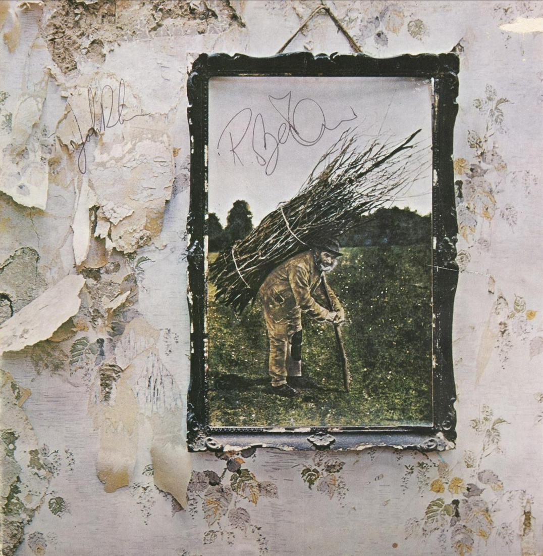 ROBERT PLANT AND JOHN BONHAM SIGNED LED ZEPPELIN RECORD: A vintage printing of the untitled 1971 Led Zeppelin album (aka Led Zeppelin IV) signed to the sleeve front in black ink by Robert Plant and John Bonham. 12 3/8 by 12 3/8 inches Rock 'N' Roll