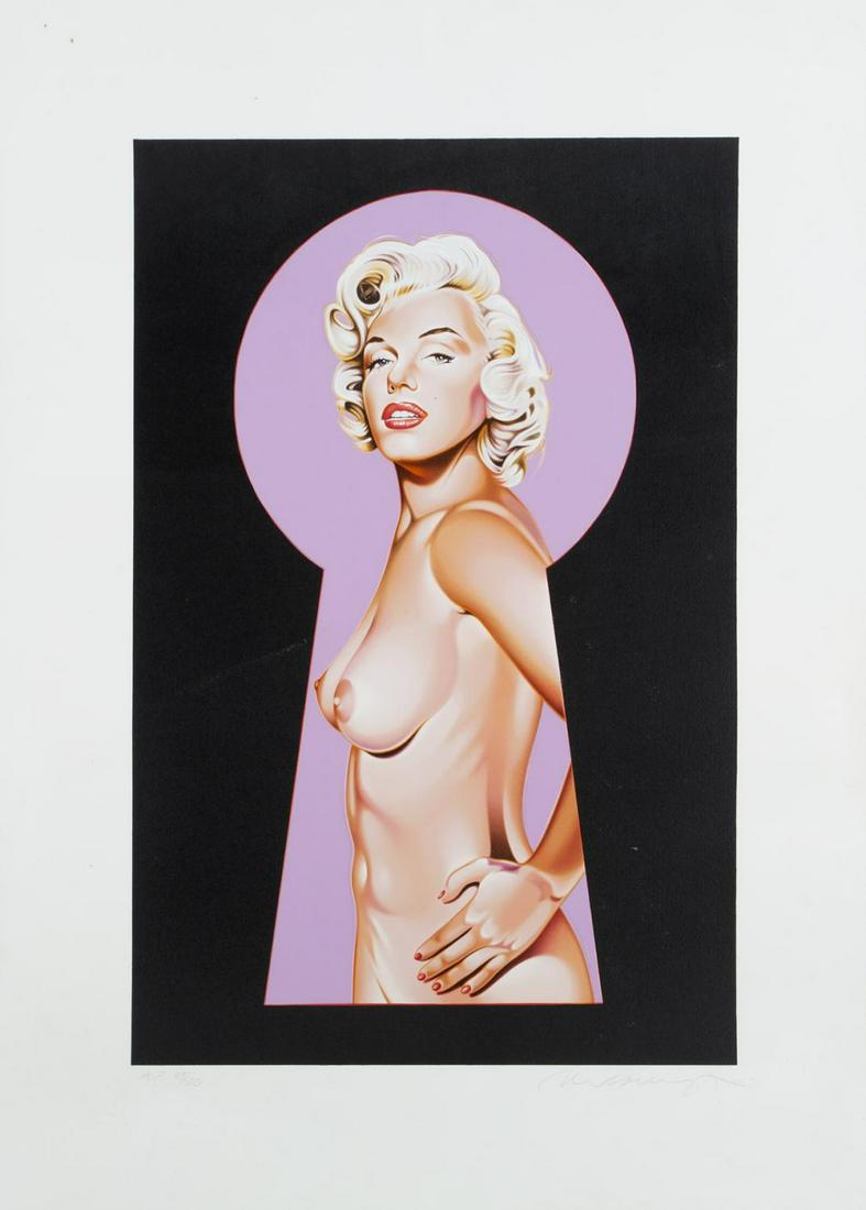 MARILYN MONROE LIMITED EDITION ARTIST'S PROOF PRINT: A compelling image of a nude Marilyn Monroe as seen through a keyhole, penciled annotation on the lower margin reads “A.P. 35/50 Mel Ramos.” 31 1/4 by 23 inches