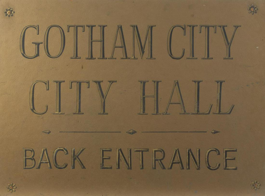 BATMAN GOTHAM CITY HALL SIGN: A vintage sign handpainted on Masonite for the “Back Entrance” to Gotham City Hall. Believed to have been produced for the classic television series Batman (20th Century Fox, 1966-1968). 2