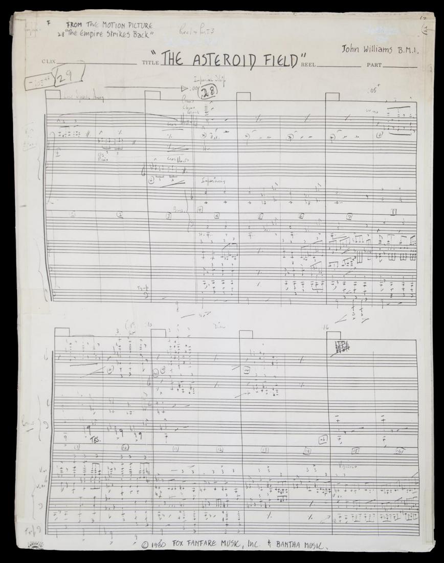 STAR WARS: THE EMPIRE STRIKES BACK JOHN WILLIAMS "THE: A group of 11 full-size xerographed pages of the original musical score "sketches" created by John Williams for “The Asteroid Field” from Star Wars: The Empire Strikes Back (Lucasfilm, 198
