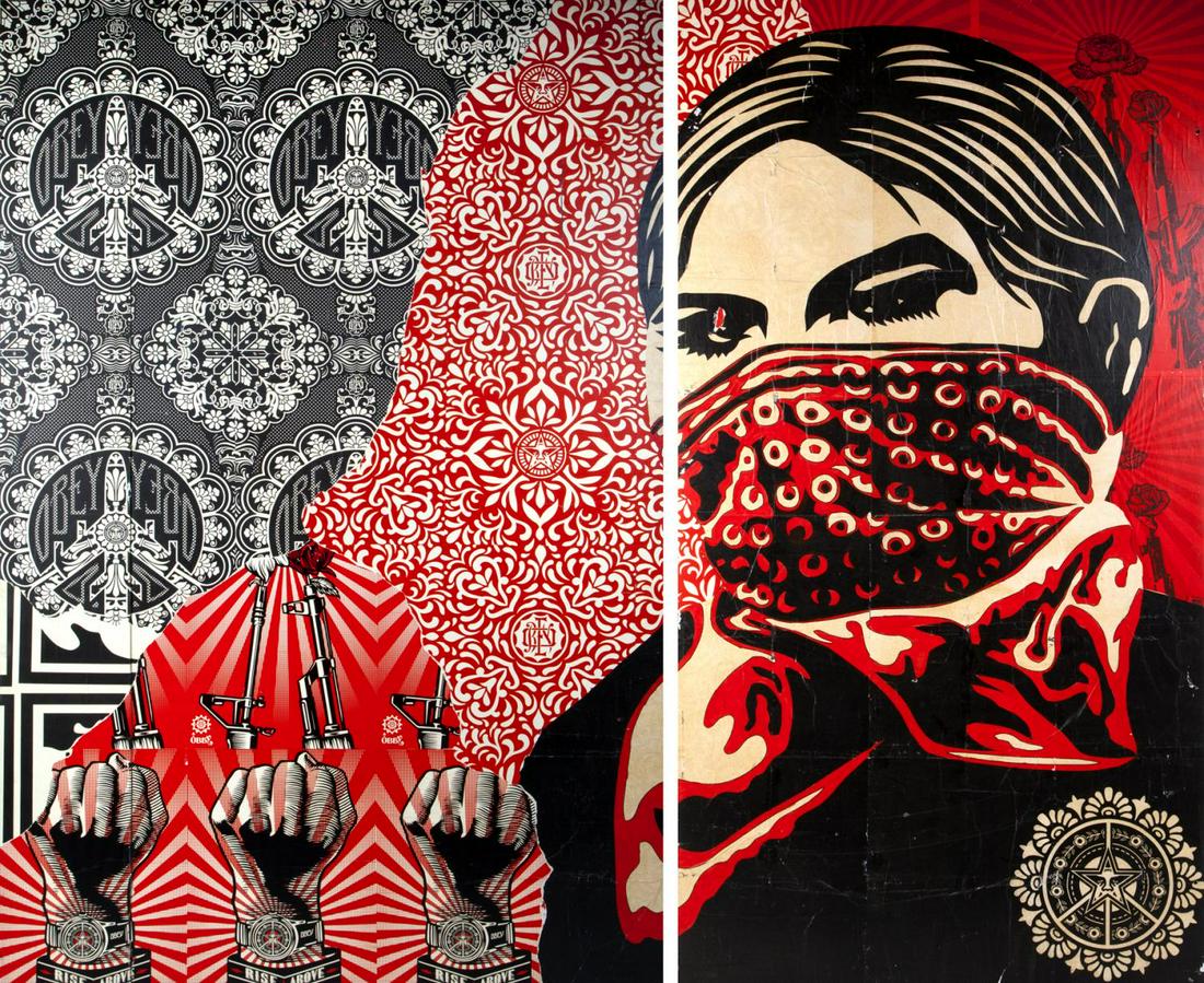 SHEPARD FAIREY (American, 1970): SHEPARD FAIREY (American, 1970) Zapatista Woman (KarmaloopTV Mural) - 2010 Wheatpaste collage on wood Two panels from a large-scale mural by Shepard Fairey created as part of the KarmaloopTV exhibit a