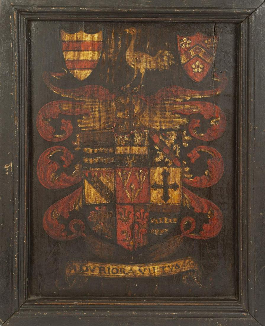 ROBERT EVANS HAND PAINTED COAT OF ARMS PANEL: A coat of arms crest with the motto "A Durior Virtus" (From Hard Power), hand painted on wood panel. 21 by 16 3/4 inches PROVENANCE From the Estate of Robert Evans Hollywood