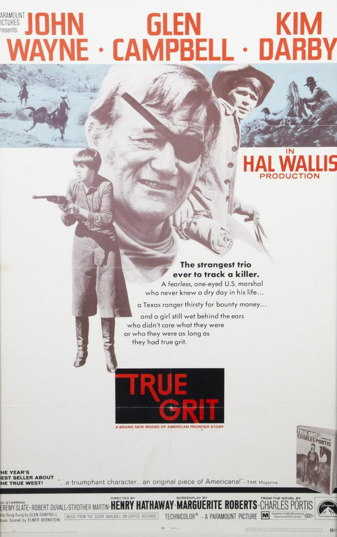 ROBERT EVANS FILM POSTER FROM TRUE GRIT: Paramount, 1969, one sheet, starring John Wayne, Glen Campbell, Robert Duvall, and Dennis Hopper, framed; from the film that won Wayne the 'Best Actor in a Leading Role' Academy Award. Framed: 41 by 2