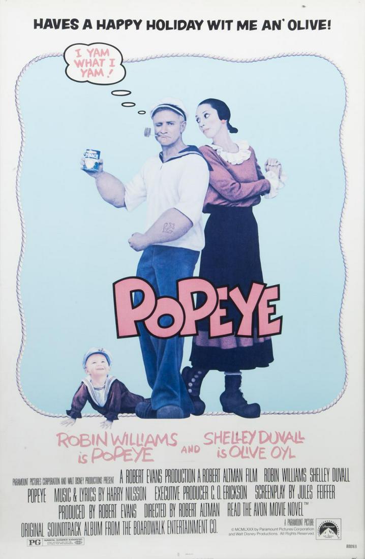 ROBERT EVANS FILM POSTER FROM POPEYE: Paramount, 1980, one sheet, starring Robin Williams and Shelley Duvall, framed. Framed: 41 by 27 inches PROVENANCE From the Estate of Robert Evans Hollywood