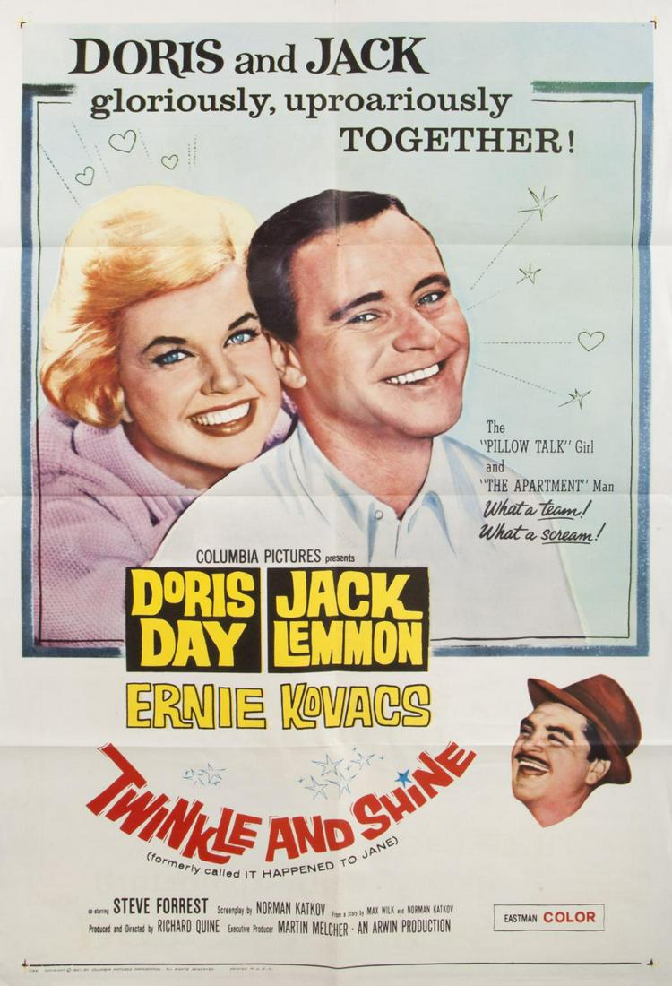 IT HAPPENED TO JANE FILM POSTER: “Twinkle and Shine” (re-titled for its re-release two years later), Columbia, 1961, re-release, one sheet, starring Doris Day, Jack Lemmon, and Ernie Kovacs, folded, very good condition; f