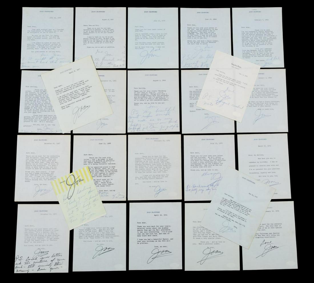 JOAN CRAWFORD HUGE ARCHIVE OF SIGNED LETTERS TO: A collection of approximately 145 letters that Joan Crawford sent to Dore Freeman, none with their envelopes. Spanning 22 years from 1955 to 1977, almost all of the letters are typed on Crawford’