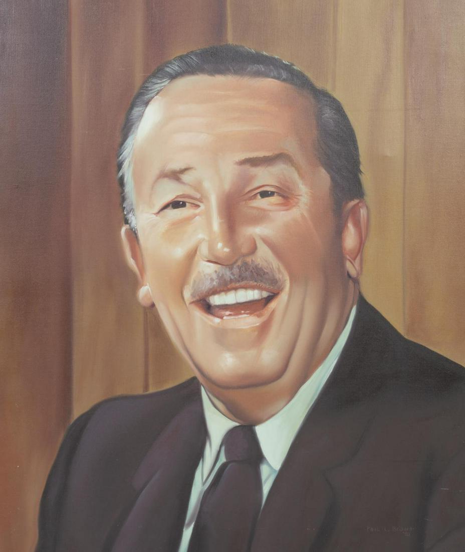 WALT DISNEY OIL ON CANVAS PAINTING: An oil on canvas portrait depicting an excellent likeness of a smiling Walt Disney signed in the lower right corner “Paul. L. Bédard/ ‘83.” 26 by 22 inches Hollywood
