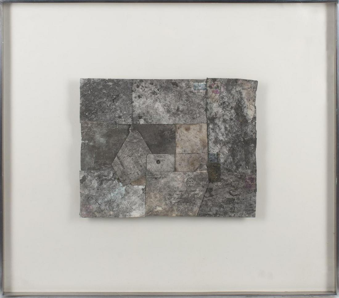 TONY CURTIS-OWNED ARTWORK BY ROBERT NICKLE (AMERICAN, 1: Acquired from Feigen/Palmer Gallery Los Angeles, “B5,” 1964, mixed media collage, mounted and framed. Signed on the verso, visible through frame. Artwork, 11 1/4 by 14 inches; framed, 24 1/4 by 27