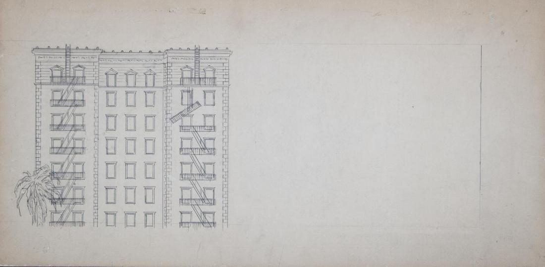PRE-PRODUCTION SET DRAWING FROM IT'S A MAD, MAD, MAD,: United Artists, 1963. A pencil on illustration board sketch depicting the building with all of its fire escapes seen throughout the extended “fire engine” sequence at the end of the wacky 