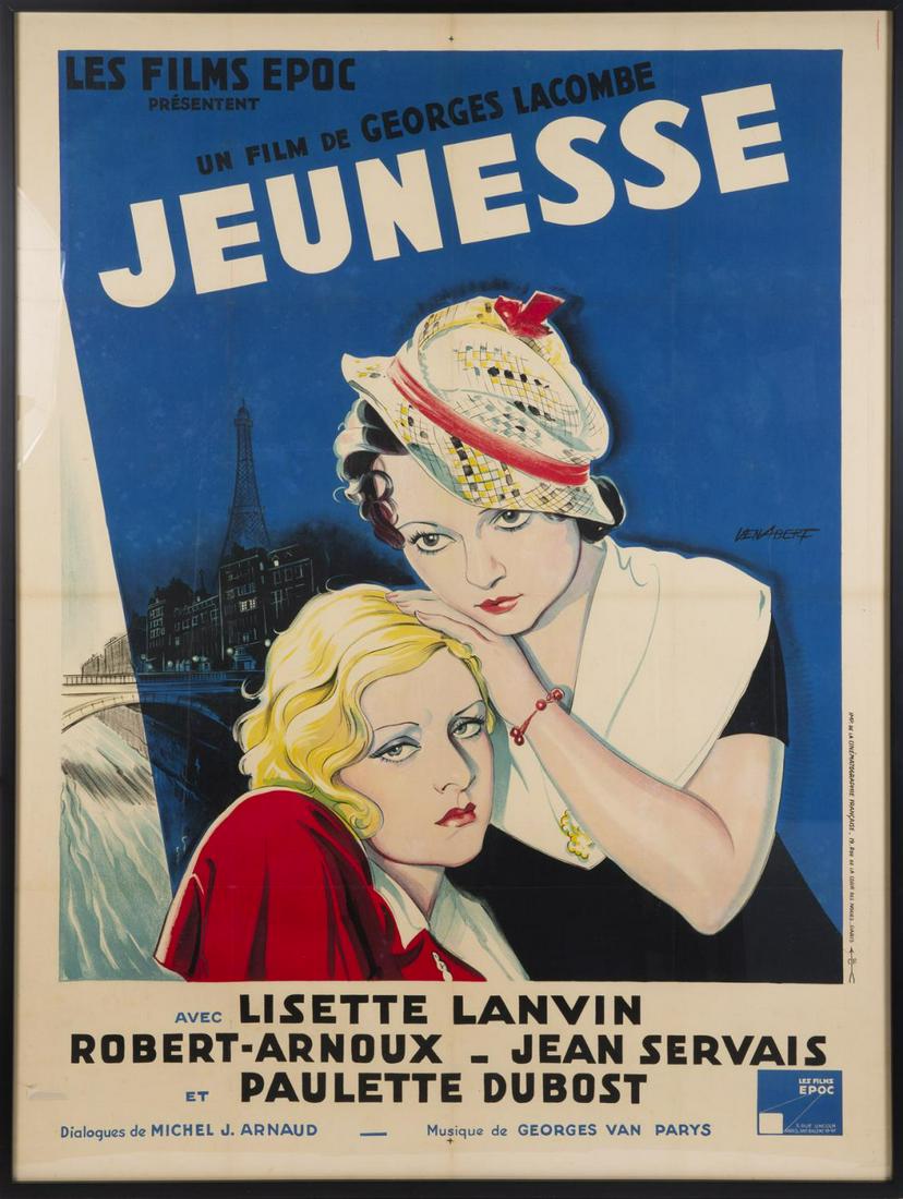 VALERIE HARPER VENABERT (FRENCH, 20TH CENTURY) AND MARY: A Jeunesse (Les Films Epoc, 1934) color lithograph gifted from Mary Tyler Moore to Valerie Harper. The French film was directed by Georges Lacombe and stars Jean-Louis Allibert, Robert Arnoux, Paulett