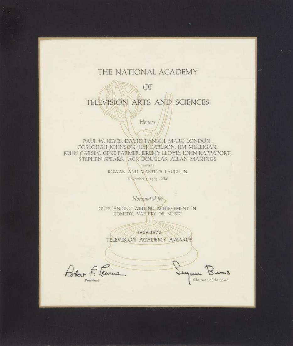 THE NATIONAL ACADEMY OF TELEVISION ARTS AND SCIENCES: A plaque presented to the writers of the NBC Television series for the nomination of an Emmy for “Outstanding Writing, Achievement in/ Comedy, Variety or Music/ 1969-1970.” 13 by 11 inches