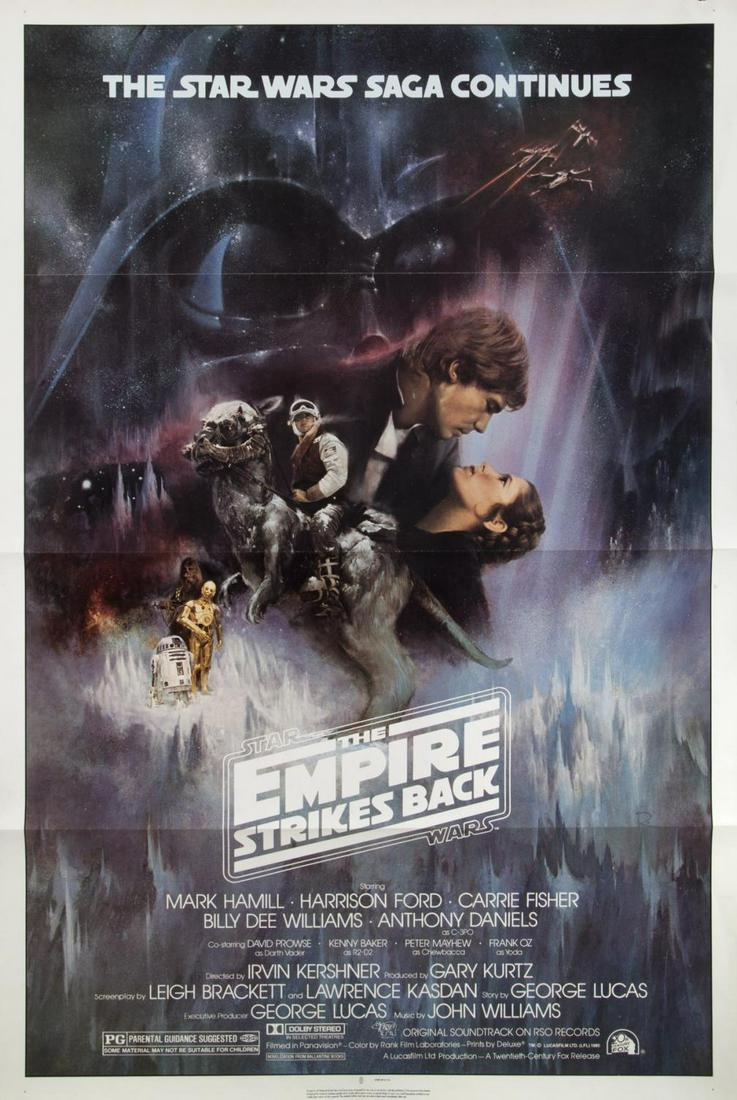 THE EMPIRE STRIKES BACK FILM POSTER: 20th Century Fox, 1980, one sheet, NSS Style A, starring Mark Hamill, Harrison Ford, and Carrie Fisher; artwork by Roger Kastel, who was inspired by the now-famous image of Clark Gable and Vivien Leig
