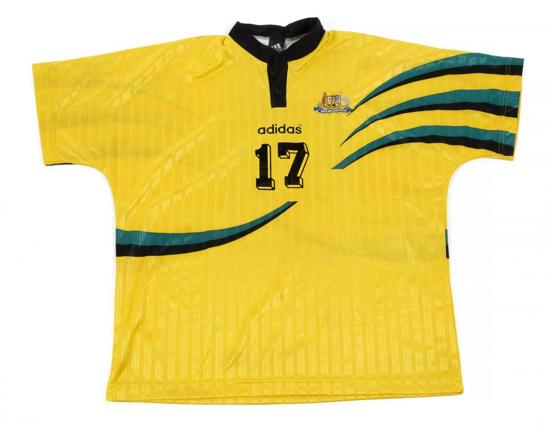 DAMIAN MORI 1997 CONFEDERATIONS CUP MATCH WORN JERSEY: A jersey worn by Damian Mori during the Confederations Cup match between Brazil and Australia on December 14, 1997. Accompanied by a signed certificate of authenticity from former technical coordinato