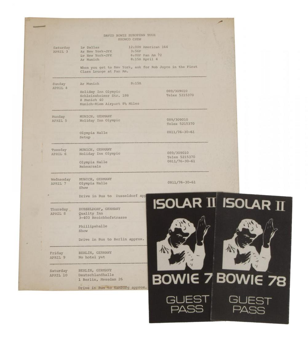 DAVID BOWIE ITINERARY AND GUEST PASSES: A crew itinerary for David Bowie’s European tour in Germany, Switzerland, Finland, Sweden, and Denmark from April 3 to April 29, 1978, and a pair of “Isolar II Bowie 78” guest passes