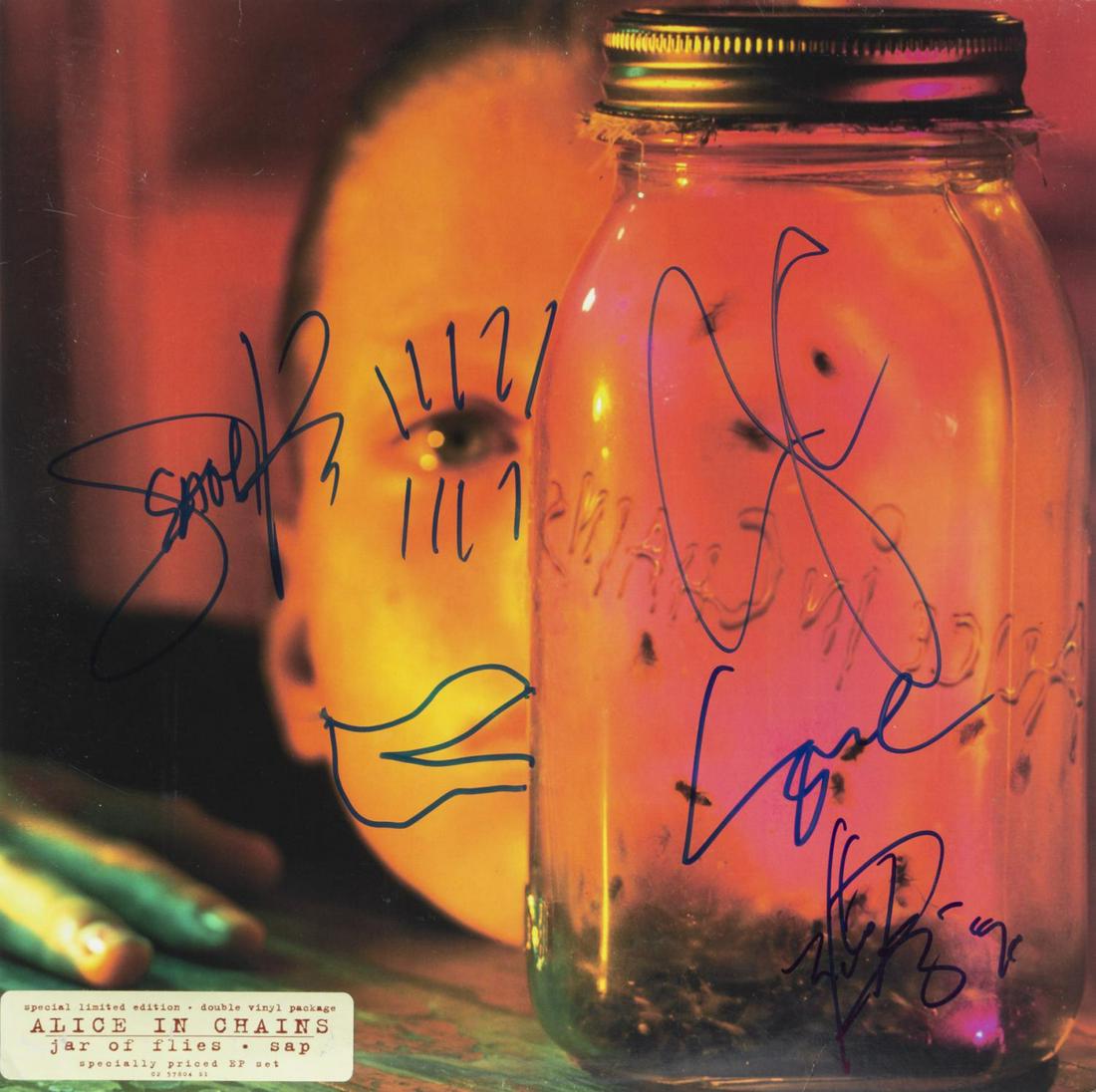 ALICE IN CHAINS SIGNED RECORD ALBUM SLEEVE: A copy of Alice in Chains’ 1994 Jar of Flies/Sap compilation album signed on the cover by members including Layne Staley, Sean Kinney, and Jerry Cantrell. 12 1/2 by 12 1/2 inches Rock 'N' Roll