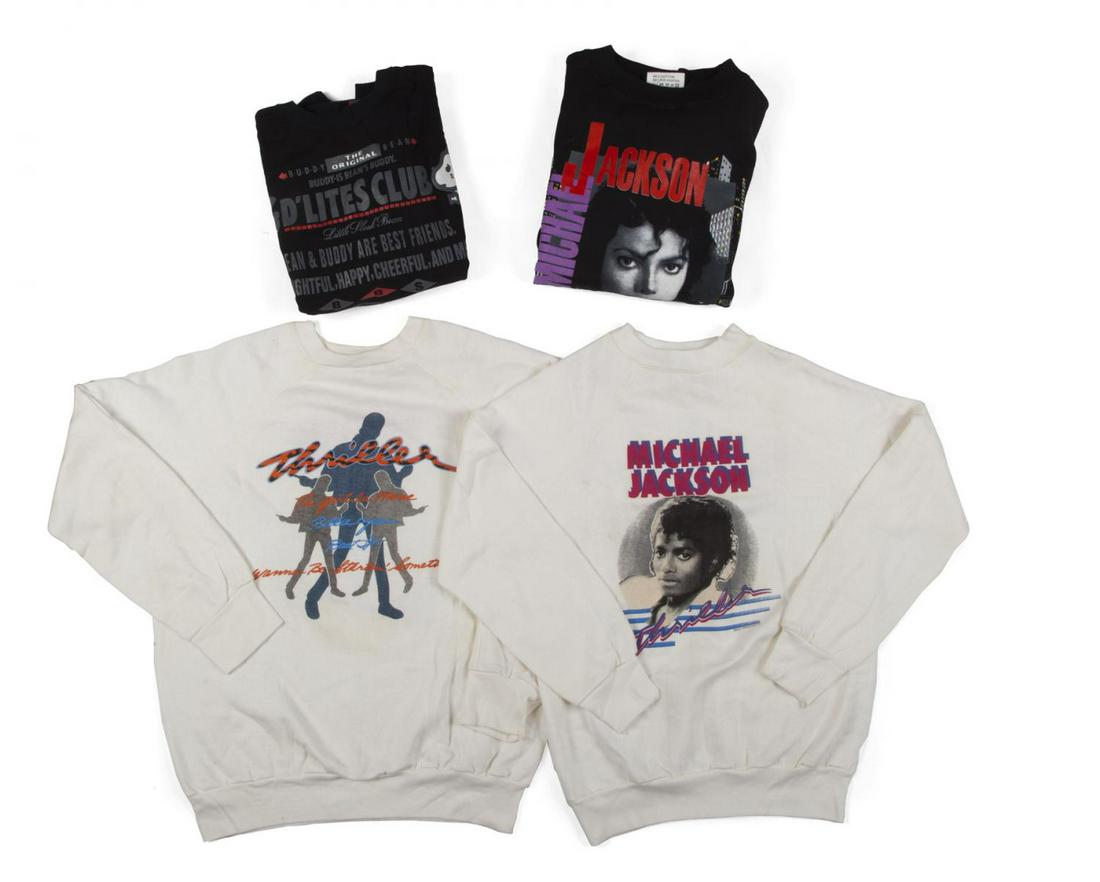 MICHAEL JACKSON-RELATED SWEATSHIRTS: A group of four cotton-blend sweatshirts: an unsized black one with text reading in part “Michael Jackson/ Welcome to/ Japan”; an “X-Large” black one with text reading in part