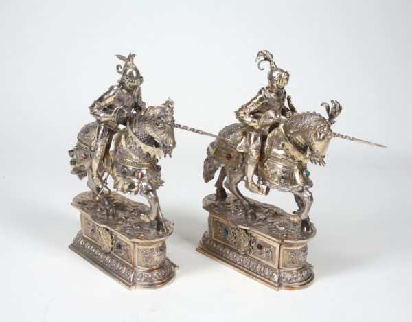 PAIR OF STERLING AND JEWELED CHARGING KNIGHTS