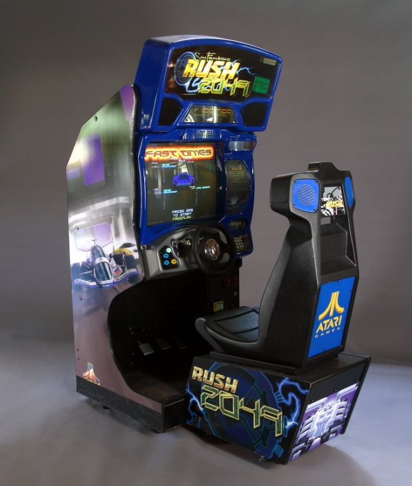 SAN FRANCISCO RUSH 2049: Atari, San Francisco Rush 2049 arcade driving game, 1999.