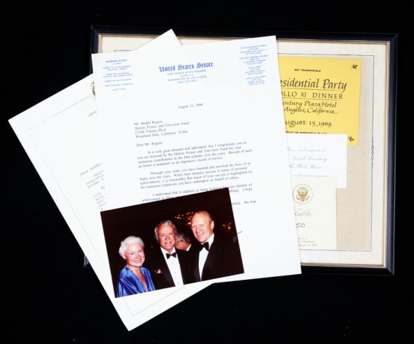 BUDDY ROGERS POLITICAL EMPHEMERA: Collection of two letters, an invitation to the White House, and one photograph of United States political leaders. Photograph of Buddy Rogers with Gerald and Betty Ford at an event. Letter dated Augu