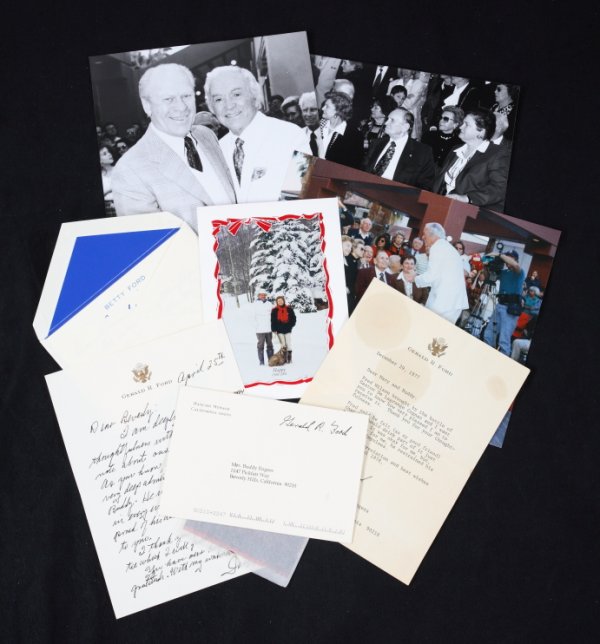 PICKFAIR PRESIDENT GERALD FORD EPHEMERA: A letter to "Mary and Buddy" dated 1977 on Gerald R. Ford letterhead thanking them for a bottle of cognac and signed "Jerry Ford," a handwritten note to Beverly Rogers from President Ford and his wife