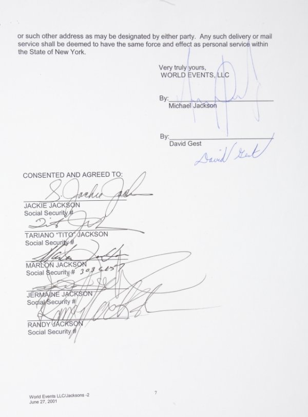 JACKSONS CONTRACT SIGNATURE PAGE: A single sheet of paper from a June 27, 2001, contract between World Events LLC and The Jacksons signed in blue ink by Michael Jackson and David Gest. The contract signature page is countersigned in b