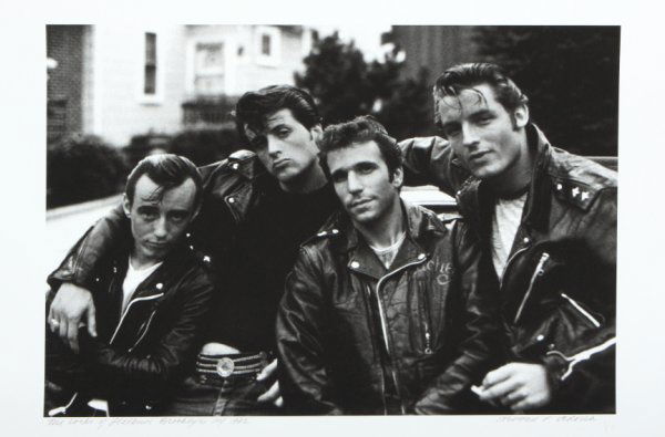 "LORDS OF FLABUSH" PHOTOGRAPH BY STEPHEN VERONA: Original black and white photograph taken of Paul Mace, Sylvester Stallone, Henry Winkler, and Perry King in 1972 during the filming of "The Lords of Flatbush" (Columbia Pictures, 1974) by the film's
