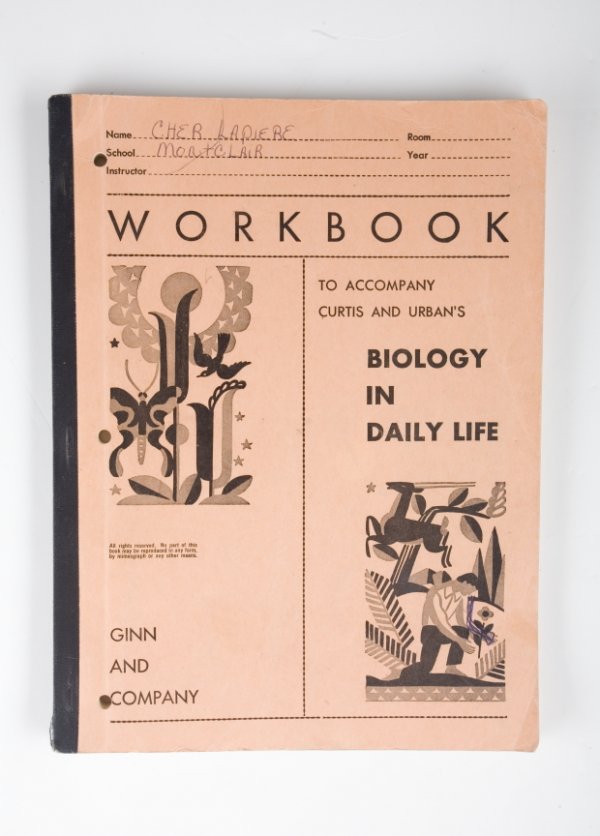 CHER BIOLOGY WORKBOOK FROM MONTCLAIR: Having handwritten notation on front cover reading "Cher Lapiere/Montclair," with occasional ink and pencil notation inside in Cher's hand (c.1960). PROVENANCE Lot 45, "Property From the Collection of