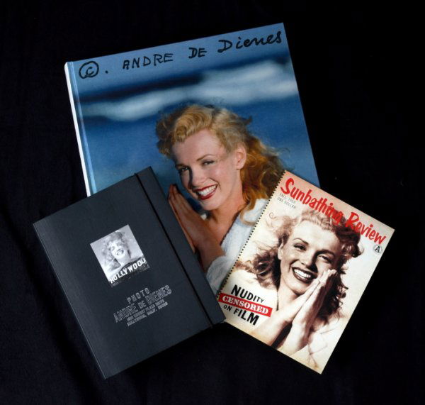 MARILYN MONROE ANDRE De DIENES TASHCEN BOX SET: Taschen three-book set, published in Italy, 2002, numbered 3519/20,000, in a replica of the Kodak film box that De Dienes held his Marilyn film, containing a large coffee table book of De Dienes' Mari