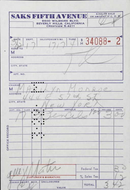 826 MARILYN MONROE SAKS FIFTH AVENUE RECEIPT