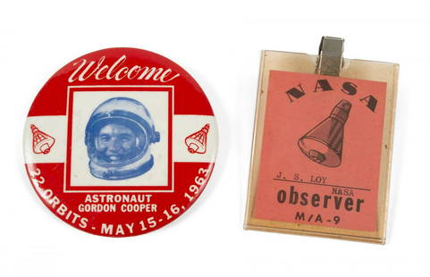 NASA "GORDO" COOPER 1963 MERCURY ATLAS 9 LAUNCH BADGE: An original clearance badge for the launch of Leroy Gordon Cooper on top of an Atlas rocket in his Faith 7 Mercury spacecraft on May 15, 1963. During this flight "Gordo" became the last American to