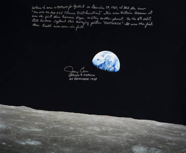 GERALD "JERRY" CARR SIGNED APOLLO 8 EARTHRISE: A superb large-format color photograph of the Earth above the surface of the Moon taken from the window of Apollo 8 and signed by NASA astronaut and Apollo 8 Capcom, Gerald "Jerry" Carr (1932-2020)