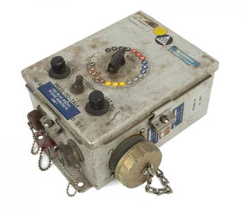 NASA 1968 APOLLO COMMUNICATION BOX: A NASA weatherproof outdoor intercom box used for communications as part of the ground support equipment for the Apollo program, bearing multiple labels including a broken security seal sticker dated