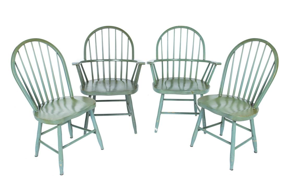 FOUR MODERN WINDSOR CHAIRS: A group of four painted Windsor chairs; two armchairs and two side chairs, from Shaker Furniture of Maine, circa 2000. Armchairs, 37 by 26 by 17 inches; Side chairs, 37 by 18 1/4 by 16 inches Fine Art