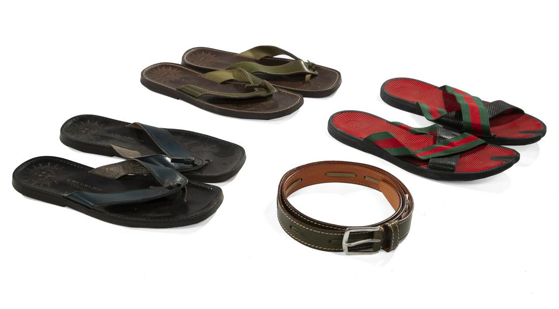DESIGNER SANDALS AND BELT: A group of luxury brand sandals, including: a navy leather pair by John Varvatos, size 9; a leather and rubber pair by Gucci, size 9; and an olive leather pair by John Varvatos, size 9, with a matchin