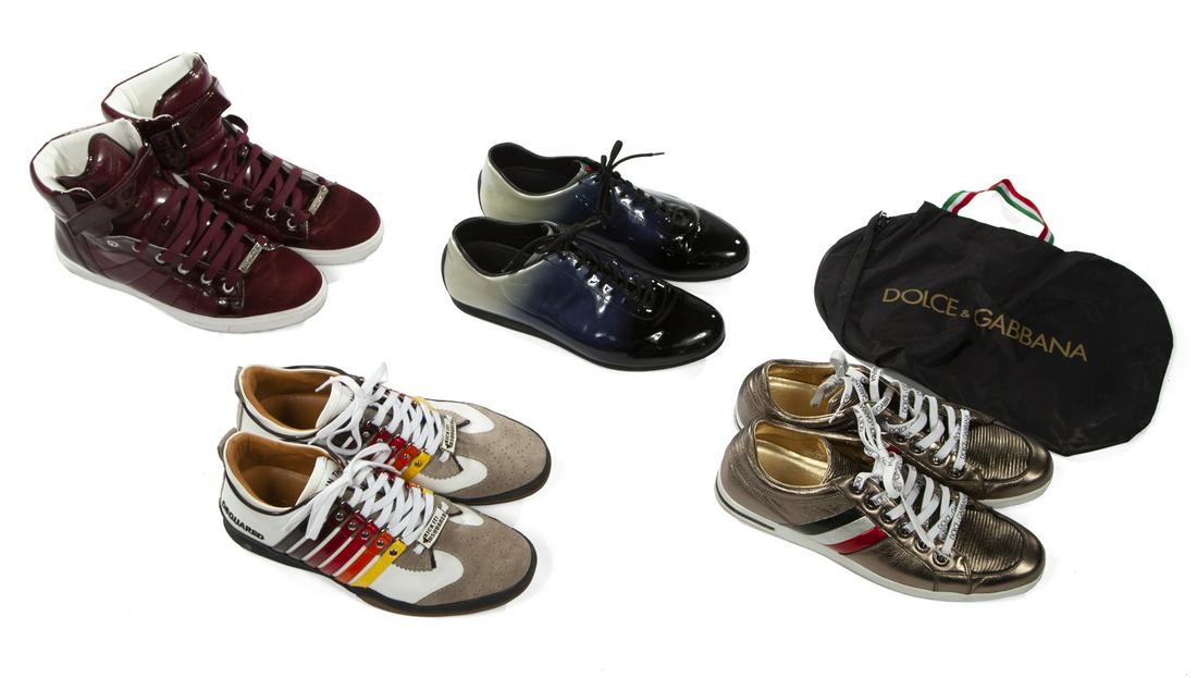 FOUR PAIRS OF COLORFUL SHOES: A group of shoes, including: a pair of Dolce & Gabbana gold sneakers, size 9; a pair of D Squared cranberry colored high tops, size 43; a pair of D Squared rainbow stripe sneakers, size 43 1/2; and a