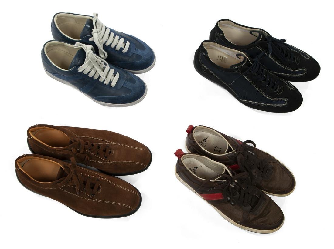 FOUR PAIRS OF CASUAL SHOES: A group of brown and blue casual shoes, including: brown Creative Recreation shoes, size 8; Tod's shoes with laces, size 8 1/2; Marc Jacobs blue shoes with laces; and Tod's blue shoes with laces, size