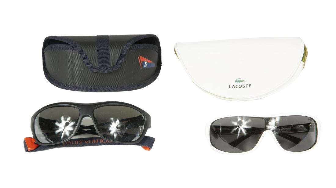 SPORTY SUNGLASSES: Two pairs of sporty sunglasses in cases, Louis Vuitton and Lacoste. Fine Art