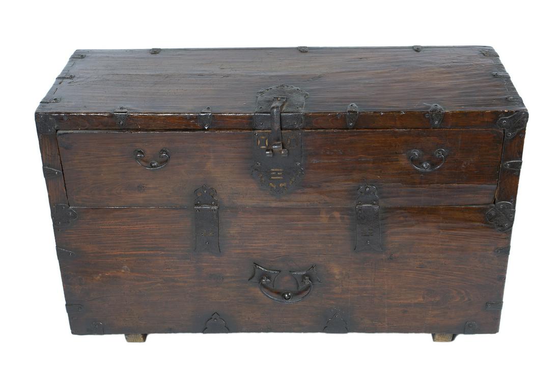 ANTIQUE KOREAN BLANKET CABINET: A hardwood cabinet with a fall front and iron hinges, circa 1890. 23 by 37 by 14 inches Fine Art