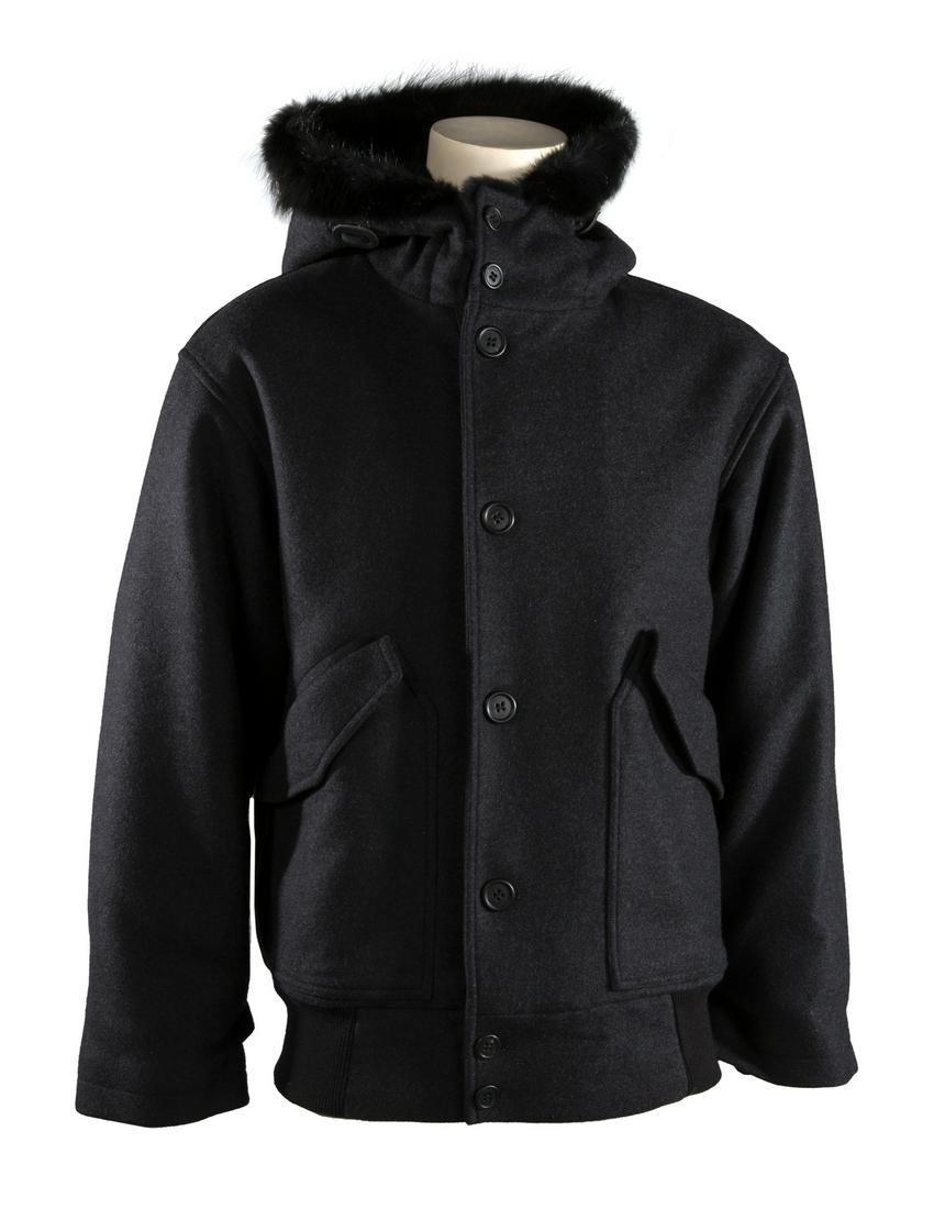MARC JACOBS FUR LINED JACKET: A grey cashmere jacket with detachable black fur lining, labeled "Marc Jacobs.” Size 48. Fine Art