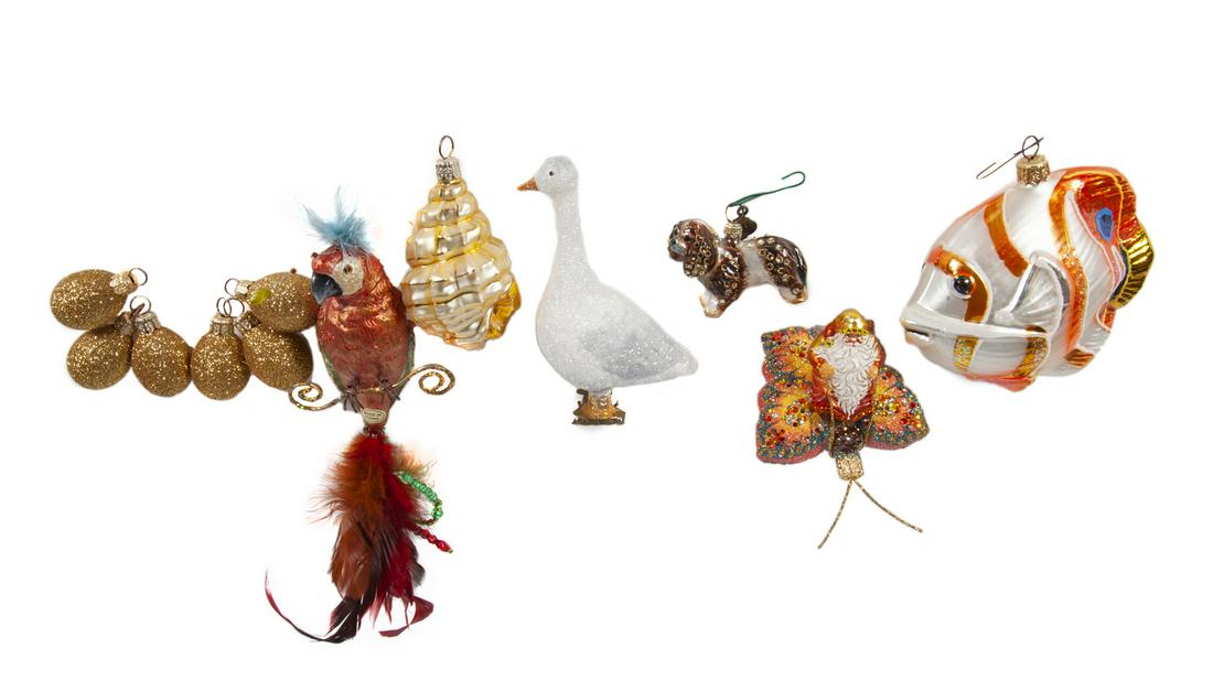GROUP OF ANIMAL CHRISTMAS ORNAMENTS: A group of handblown and painted glass animal Christmas ornaments, some with glitter or crystals, including a duck with eggs, a butterfly, a dog, a fish with a shell, mostly by Patricia Breen. 12 piec