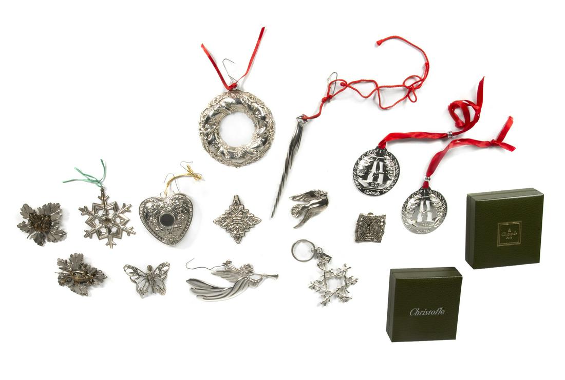 SILVER CHRISTMAS ORNAMENTS: A group of assorted sterling silver and other metal ornaments, including: four Gorham, one Reed & Barton, one Kirk Stieff, two Christofle, two John Hardy, two Sylvia Dahl, and one Michael Aram. Total